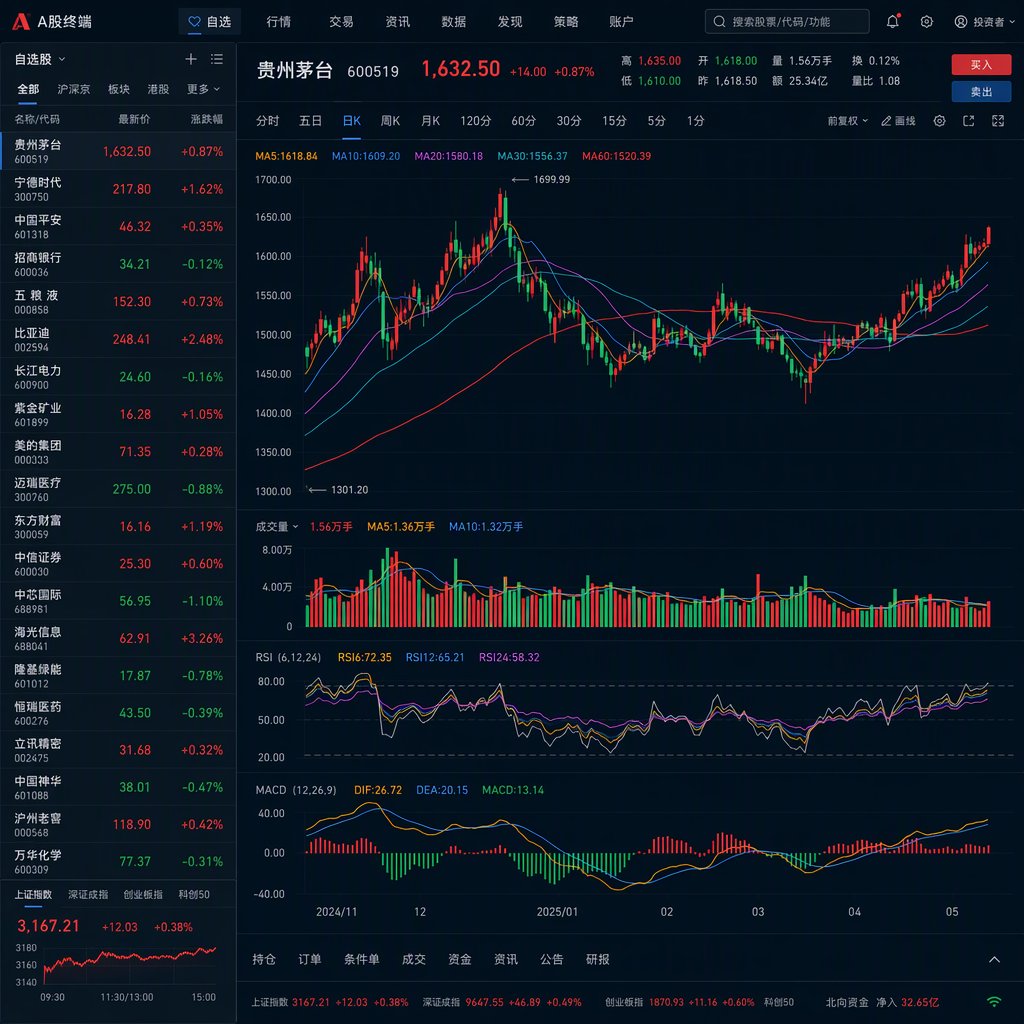 东方财富终端深色看盘界面:K线图与技术指标分析面板